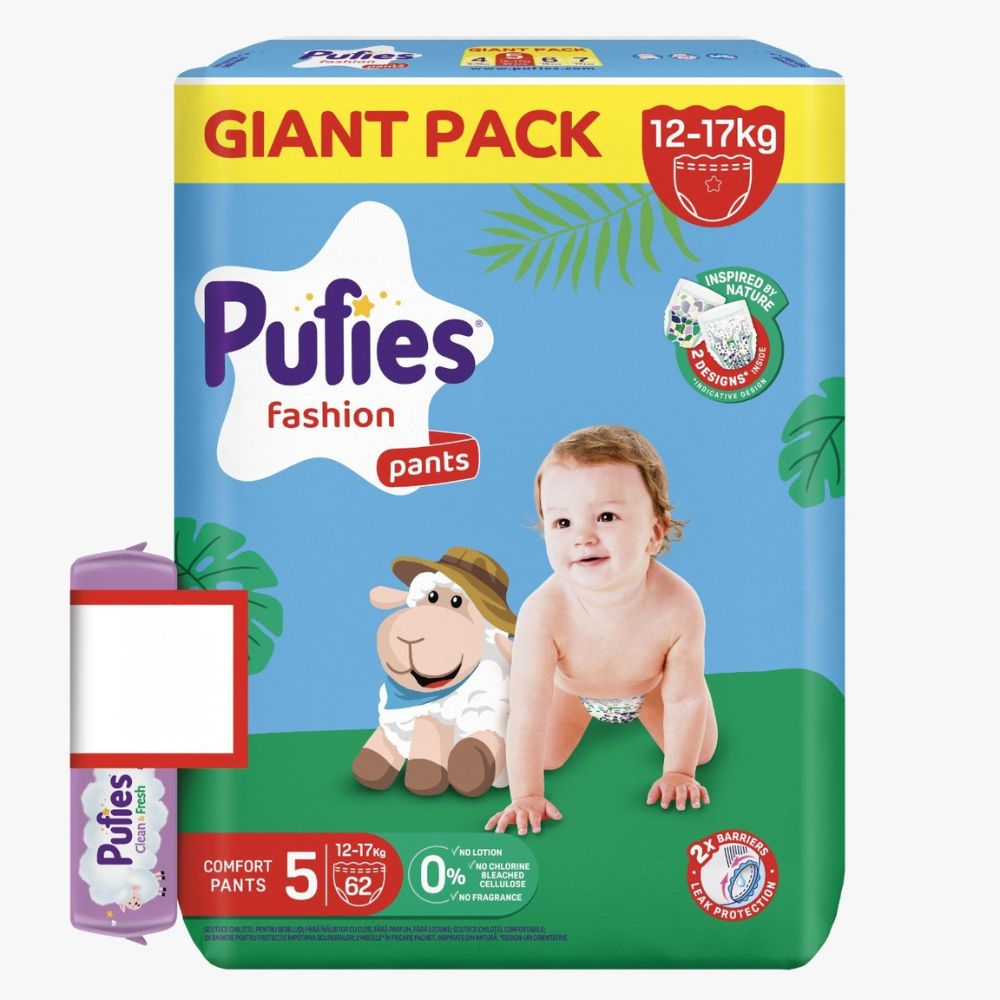 Scutece Pants Fashion & Nature, Nr. 5, 12-17 kg, 62 buc, Pufies