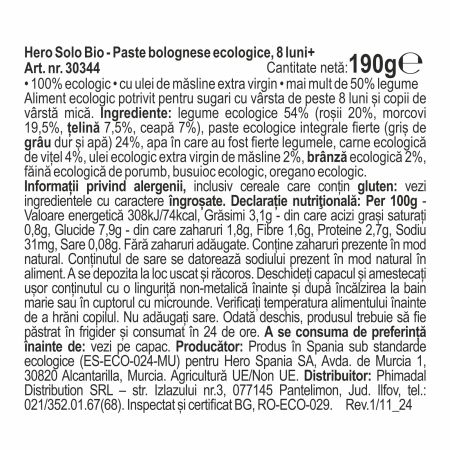 Piure Bio cu macaroane si rosii Solo, 8 luni+, 190 g, Hero Baby 714007