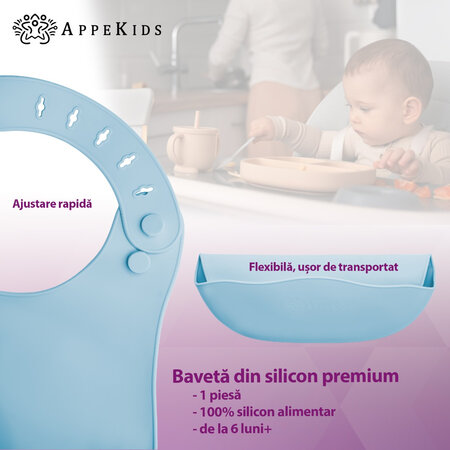 Baveta din silicon cu buzunar, 6 luni+, Aqua Blue, Appekids 612016