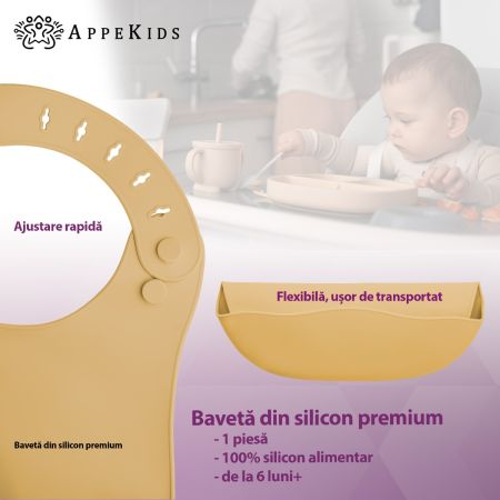 Baveta din silicon cu buzunar, 6 luni+, Honey, Appekids 612042
