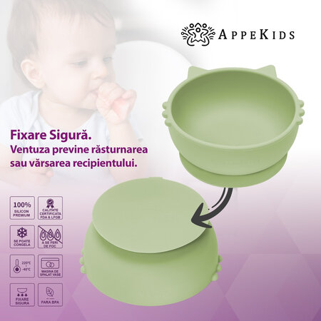 Bol din silicon Kitty I, 6 luni+, Raw Green, Appekids 612096
