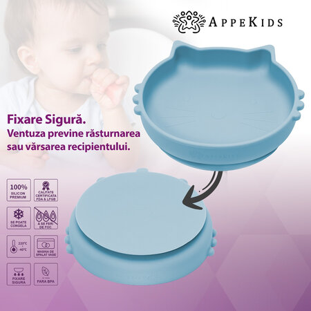 Bol din silicon Kitty II, 6 luni+, Aqua Blue, Appekids 612112