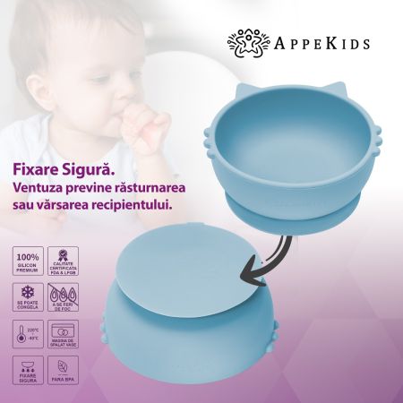 Bol din silicon Kitty I, 6 luni+, Aqua Blue, Appekids 612082