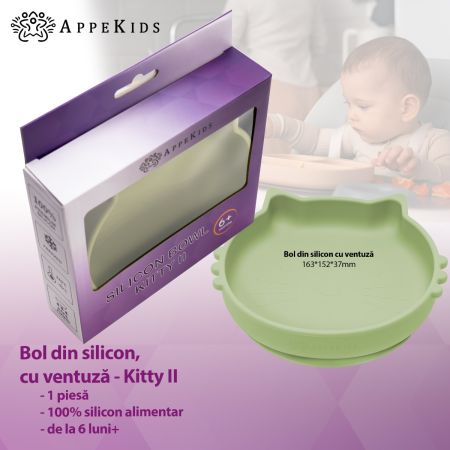 Bol din silicon Kitty II, 6 luni+, Raw Green, Appekids 612133