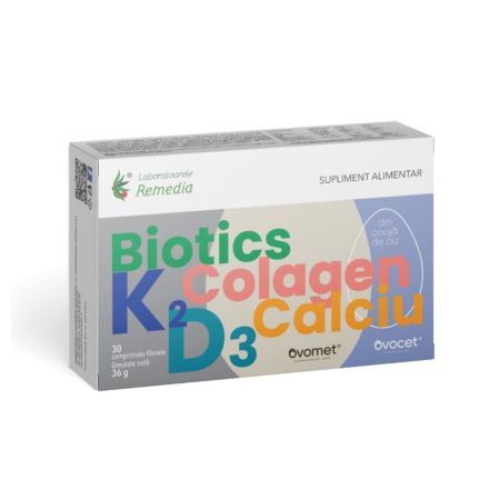 REMEDIA BIOTICS + K2 + D3 + COLAGEN + CALCIU (DIN COAJA DE OU)  30 CPR FILM