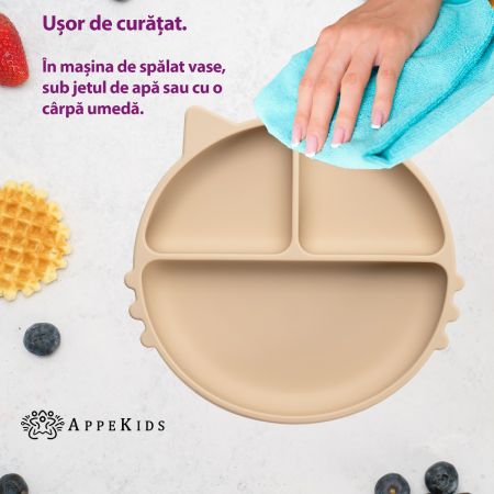 Farfurie compartimentata din silicon cu ventuza Kitty, 6 luni+, Bubble Beige, Appekids 612667