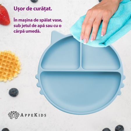 Farfurie compartimentata din silicon cu ventuza Kitty, 6 luni+, Aqua Blue, Appekids 612651