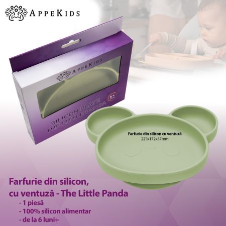 Farfurie din silicon cu ventuza Panda, 6 luni+, Raw Green, Appekids 612678