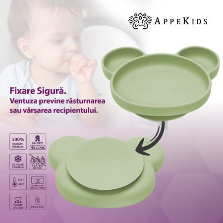 Farfurie din silicon cu ventuza Panda, 6 luni+, Raw Green, Appekids 612677