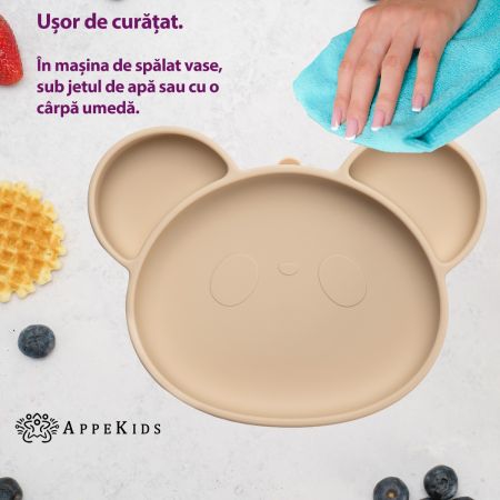Farfurie din silicon cu ventuza Panda, 6 luni+, Bubble Beige, Appekids 612686