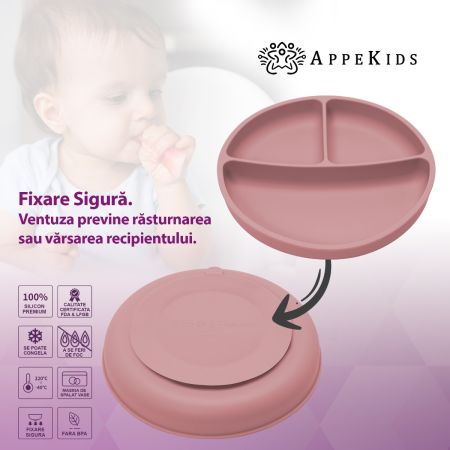 Farfurie compartimentata din silicon cu ventuza, 6 luni+, Old Rose, Appekids 612722