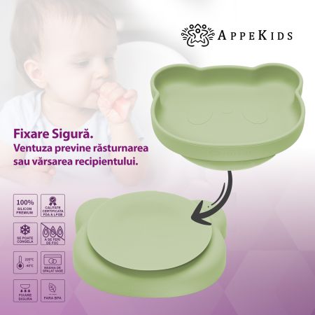 Farfurie din silicon cu ventuza The Little Bear, 6 luni+, Raw Green, Appekids 612762