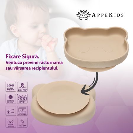 Farfurie din silicon cu ventuza The Little Bear, 6 luni+, Bubble Beige, Appekids 612786