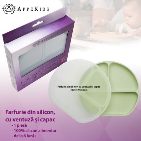 Farfurie compartimentata din silicon cu ventuza si capac, 6 luni+, Raw Green, Appekids 612820