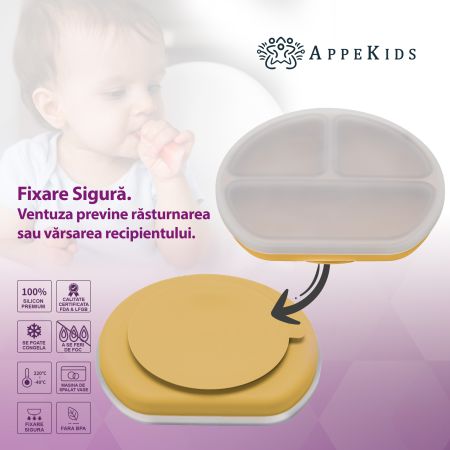 Farfurie compartimentata din silicon cu ventuza si capac, 6 luni+, Honey, Appekids 612814