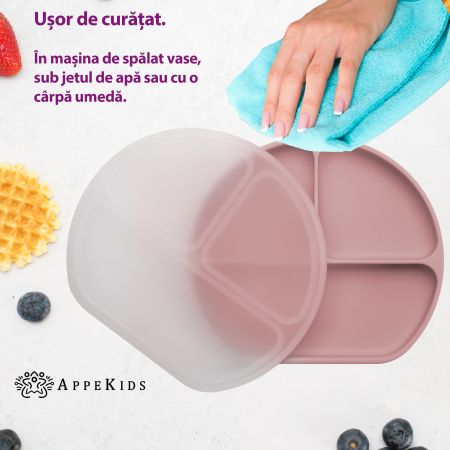 Farfurie compartimentata din silicon cu ventuza si capac, 6 luni+, Old Rose, Appekids 612810
