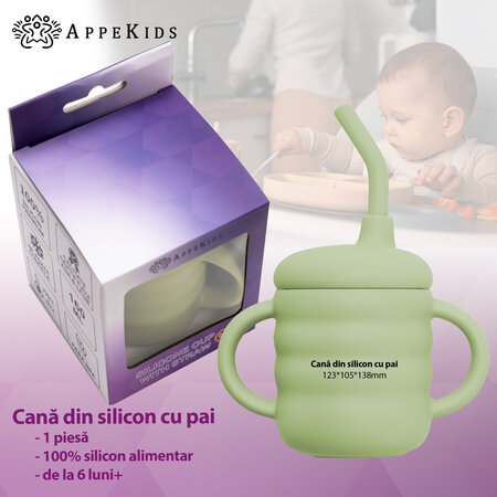 Cana din silicon cu pai, 6 luni+, Raw Green, Appekids 612839