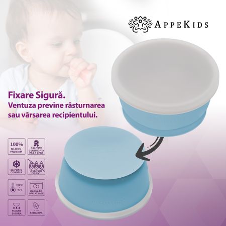 Bol din silicon cu ventuza si capac, 6 luni+, Aqua Blue, Appekids 612946