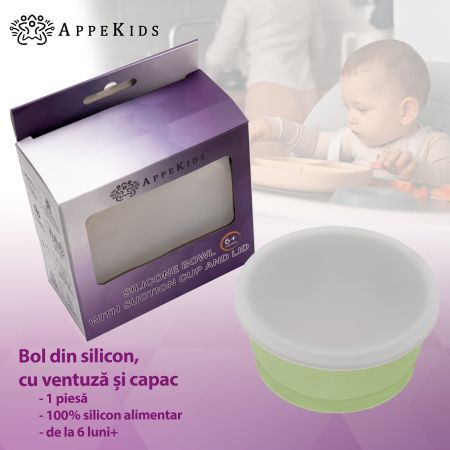 Bol din silicon cu ventuza si capac, 6 luni+, Raw Green, Appekids 612934