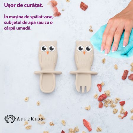 Set Tacamuri din silicon Bufnita, 6 luni+, Bubble Beige, Appekids 613059