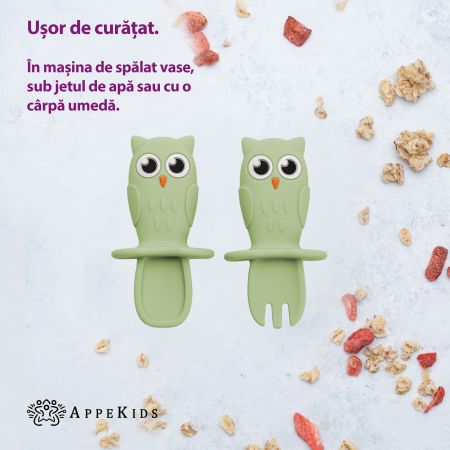 Set Tacamuri din silicon Bufnita, 6 luni+, Raw Green, Appekids 613049
