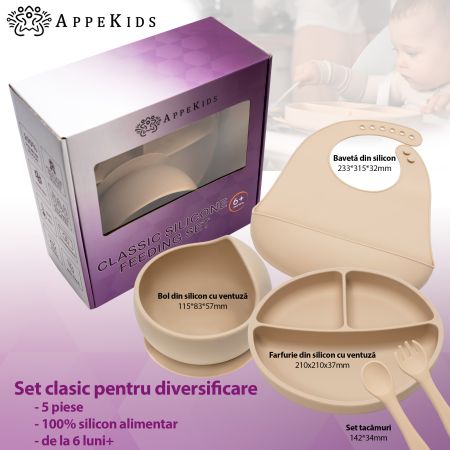 Set pentru diversificare din silicon Classic, 6 luni+, Bubble Beige, Appekids 613204