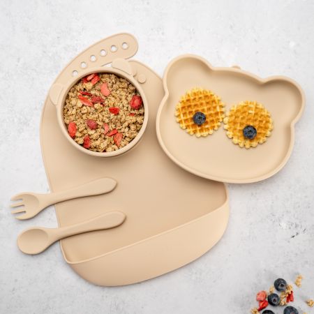 Set pentru diversificare din silicon Panda, 6 luni+, Bubble Beige, Appekids 613245