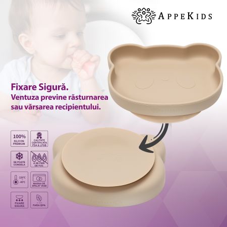 Set pentru diversificare din silicon Panda, 6 luni+, Bubble Beige, Appekids 613242