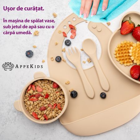Set pentru diversificare din silicon Panda, 6 luni+, Bubble Beige, Appekids 613244