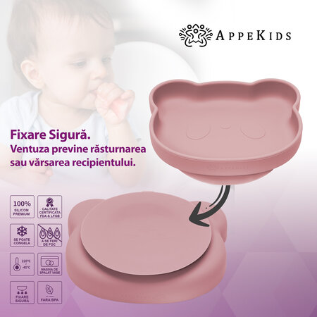 Set pentru diversificare din silicon Panda, 6 luni+, Old Rose, Appekids 613217
