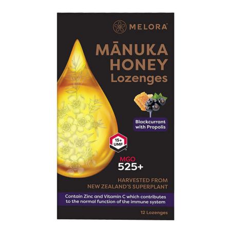 Dropsuri cu miere de Manuka MGO525 si extract din coacaze negre si propolis, 12 bucati, Melora