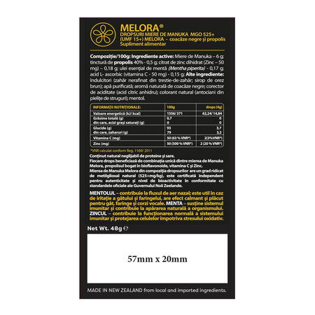 Dropsuri cu miere de Manuka MGO525 si extract din coacaze negre si propolis, 12 bucati, Melora 763188