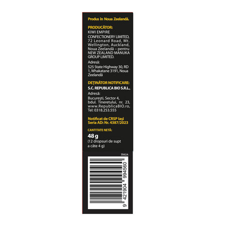 Dropsuri cu miere de Manuka MGO525 si extract din coacaze negre si propolis, 12 bucati, Melora 763189
