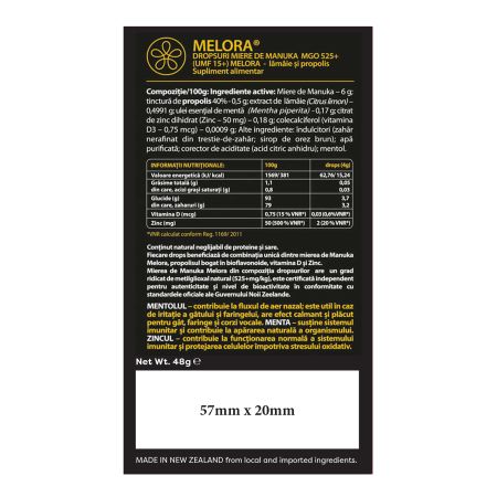Dropsuri cu miere de Manuka MGO525 si extract din lamaie si propolis, 12 bucati, Melora 763181