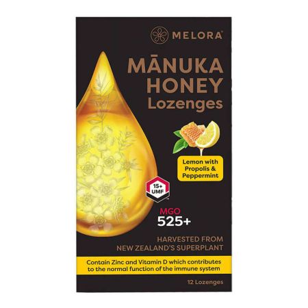 Dropsuri cu miere de Manuka MGO525 si extract din lamaie si propolis, 12 bucati, Melora
