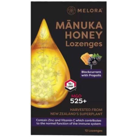 Dropsuri cu miere de Manuka MGO525 si extract din lamaie si propolis, 12 bucati, Melora