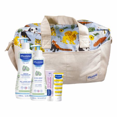 Pachet Hydra bebe corp 300 ml + Gel curatare 500 ml + Lotiune protectie solara 40 ml + Vitamin barrier 50 ml + Geanta, Mustela