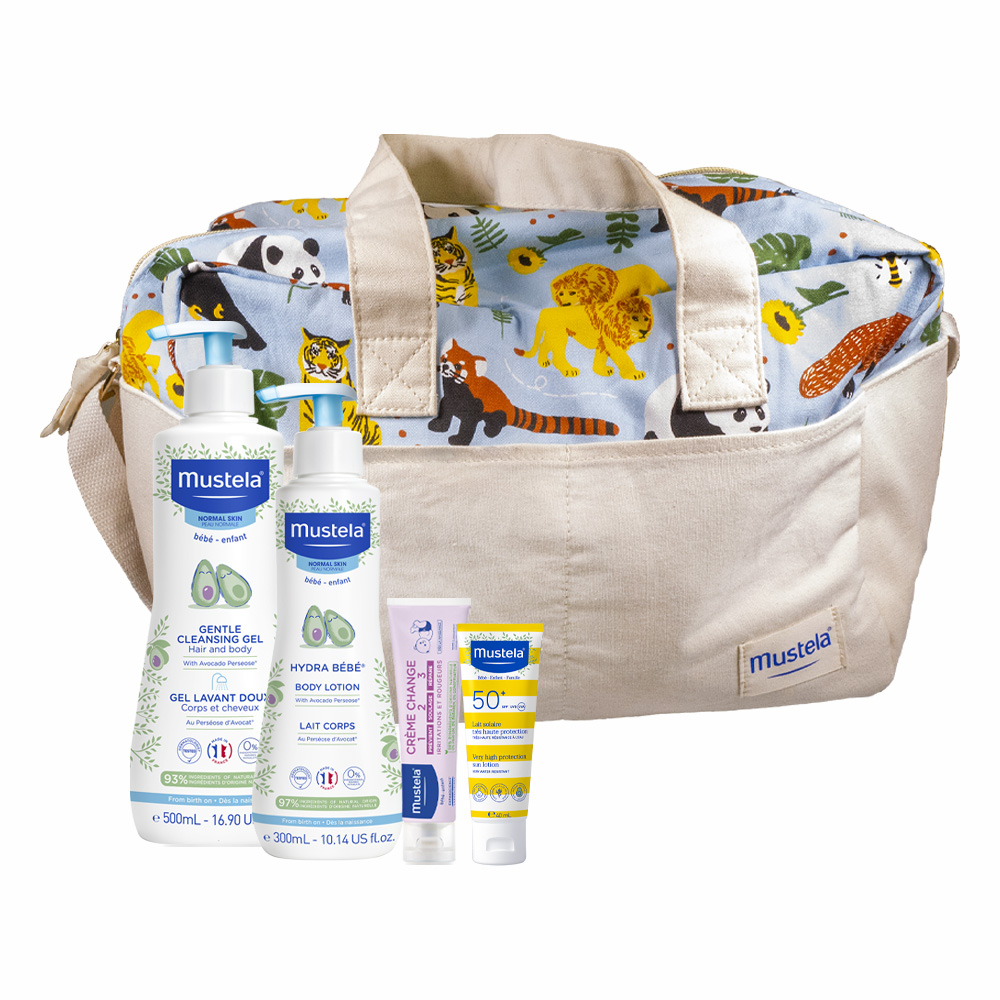 Pachet Hydra Bebe pentru corp 300 ml + Gel de curatare 500 ml + Lotiune cu protectie solara 40 ml + Vitamin Barrier 50 ml + Geanta, Mustela