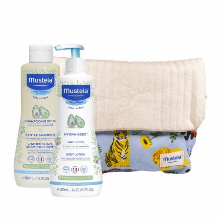 Pachet Lotiune de corp Hydra bebe  500 ml + Sampon delicat 500 ml si Rucsac, Mustela