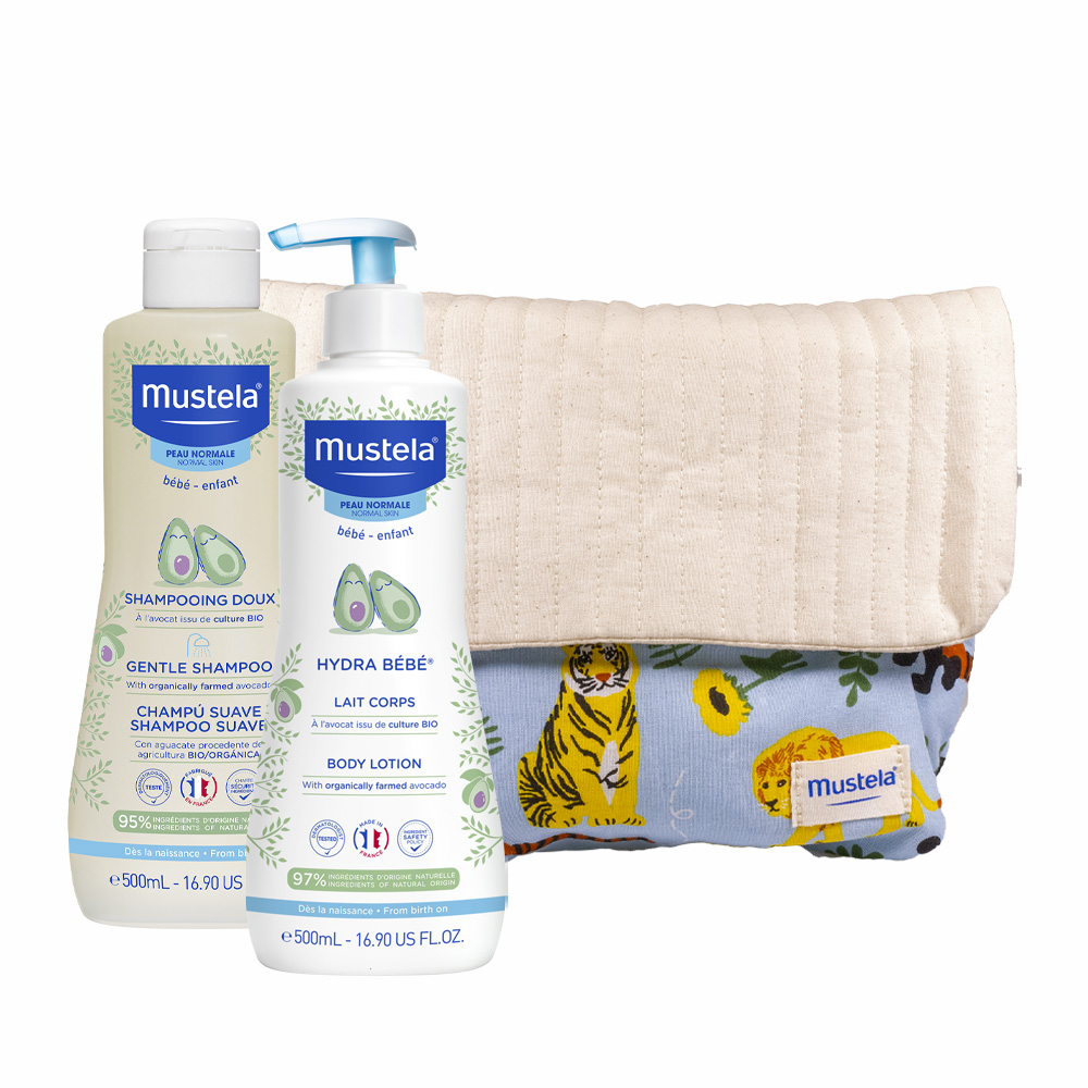 Pachet Lotiune de corp Hydra bebe  500 ml + Sampon delicat 500 ml si Rucsac, Mustela