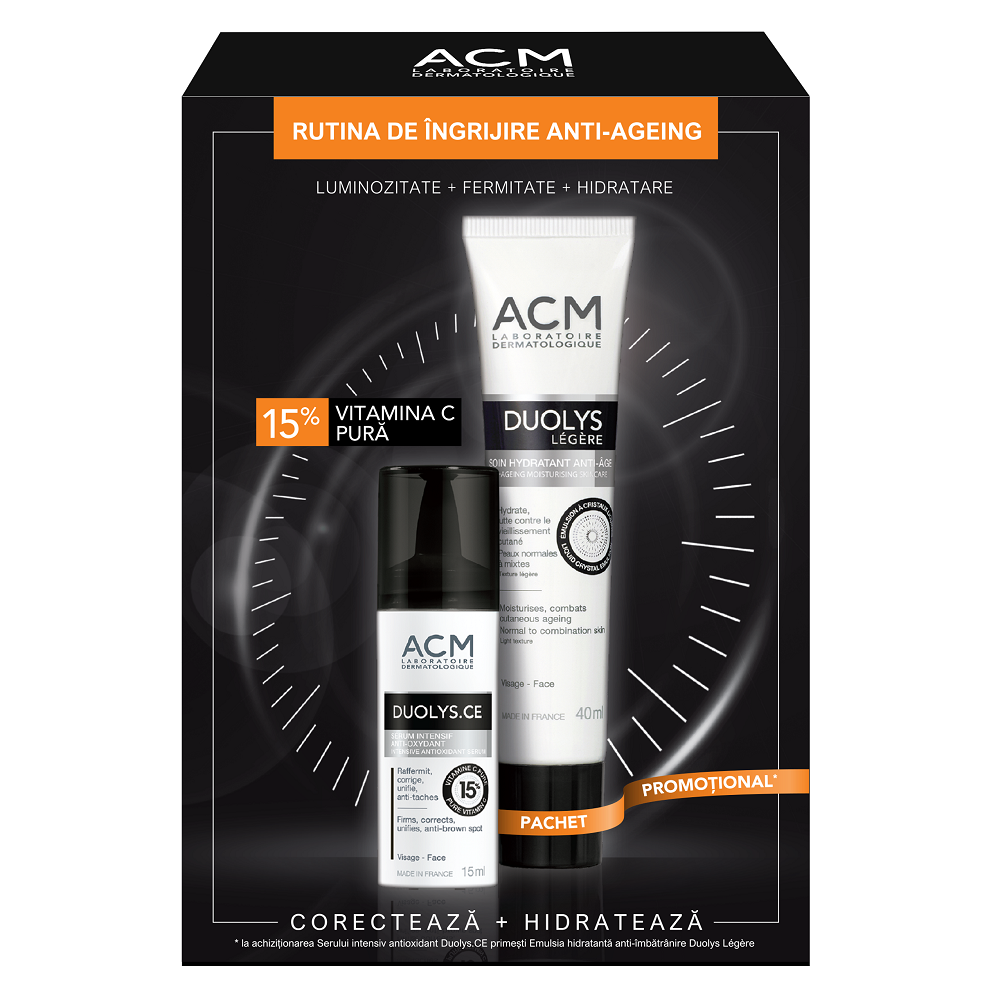 Pachet Ser intensiv antioxidant cu vitamina C pura 15% Duolys CE, 15 ml + Crema hidratanta anti-imbatranire Duolys Legere, 40 ml, ACM