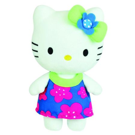 Jucarie de plus Hello Kitty cu rochita albastra si floricele roz, 0-36 luni, 20 cm, Jemini