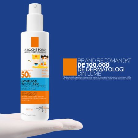 Spray invizibil cu protectie solara SPF50+ fata si corp pentru copii Anthelios UVMUNE 400 Dermo-Pediatrics, 3 ani+, 200 ml, La Roche-Posay 713830