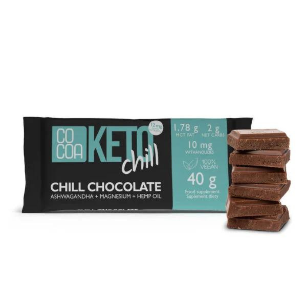 Ciocolata Bio cu ashwaganda, magneziu si ulei de canepa Chill, Keto, 40 g, Cocoa