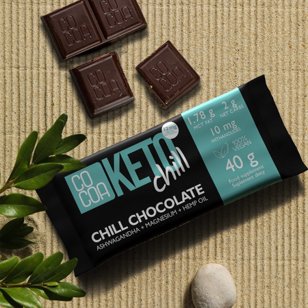 Ciocolata Bio cu ashwaganda, magneziu si ulei de canepa Chill, Keto, 40 g, Cocoa 615751