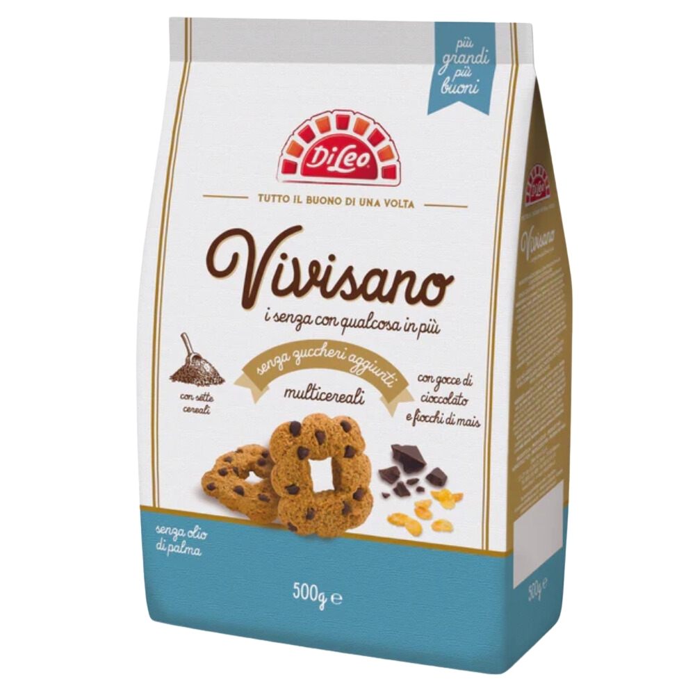 Biscuiti multicereale cu pepite de ciocolata fara zahar Vivisano, 430 g, Di Leo