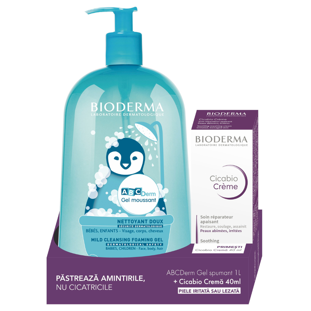 Pachet Gel spumant ABCDerm 1000 ml + Crema reparatoare Cicabio 40 ml, Bioderma