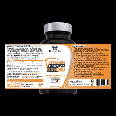 Vitamina D3 + K2 Vitamin Premium, 2000 UI, 60 capsule, Boost4Life 719817