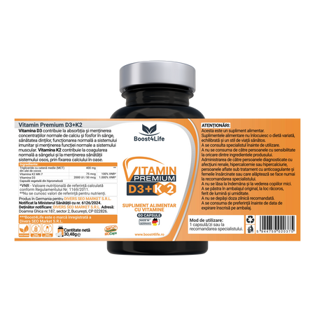 Vitamina D3 + K2 Vitamin Premium, 2000 UI, 60 capsule, Boost4Life 719817