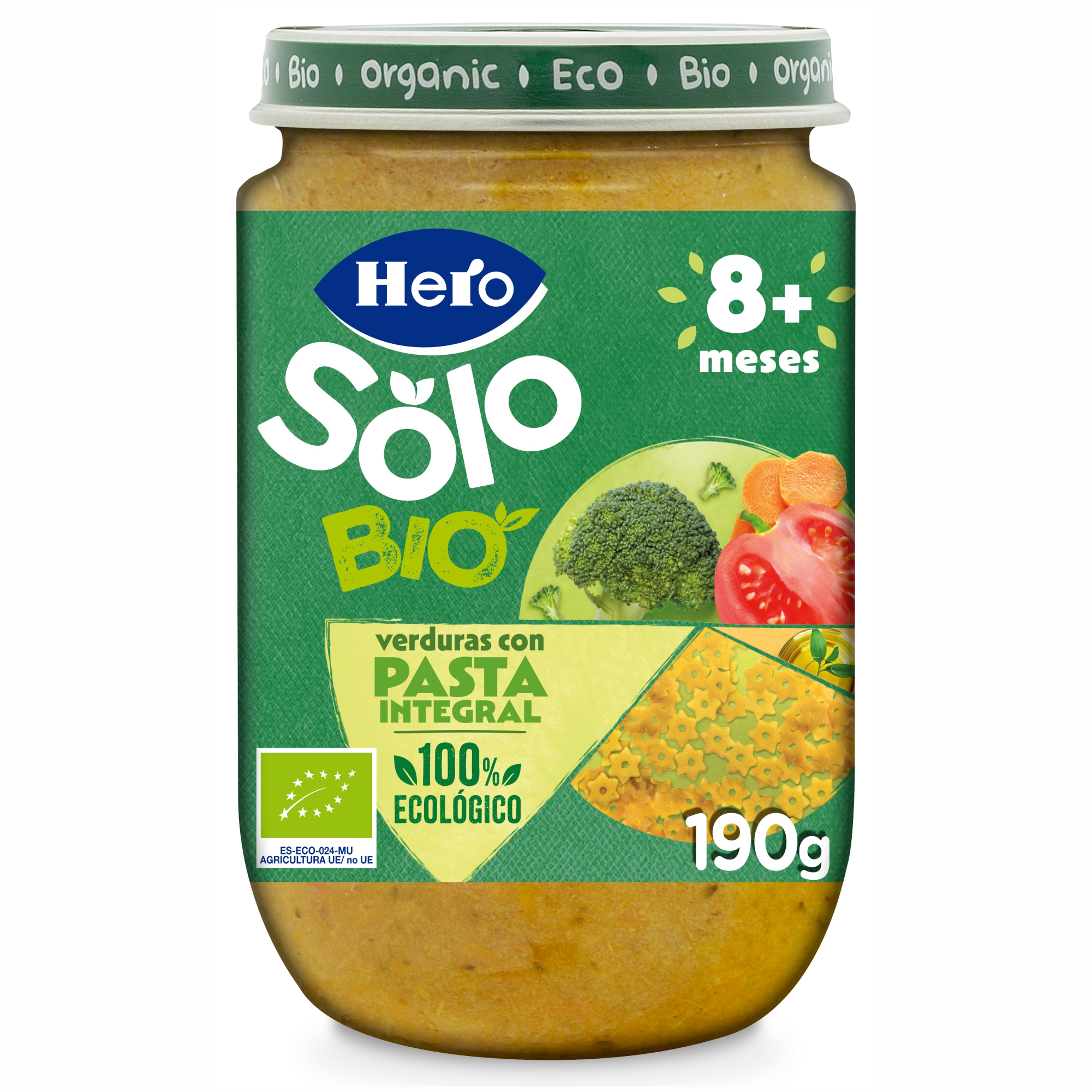 Meniu bio cu legume si paste integrale, +8 luni, 190 g, Hero Solo